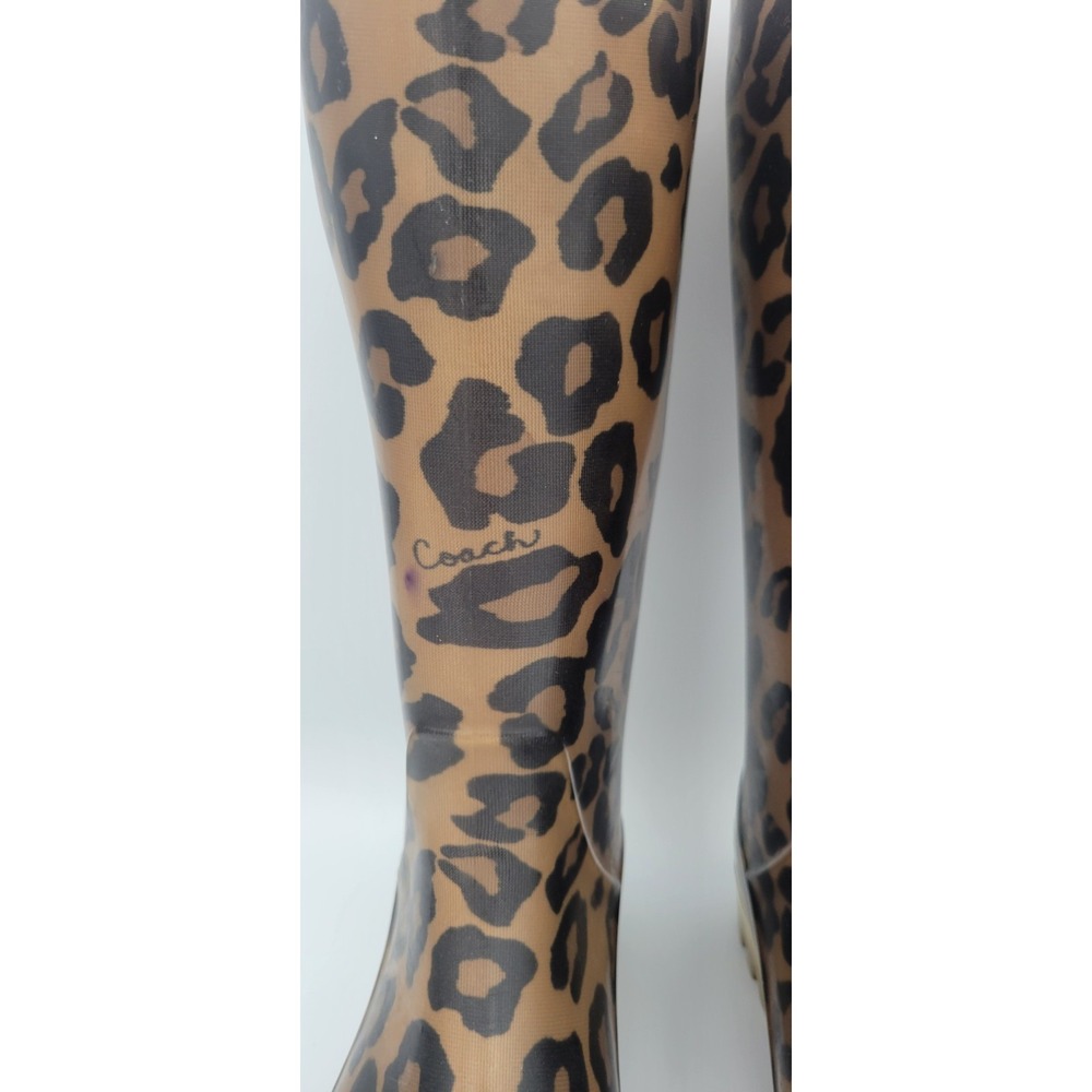 Coach Rain Boots Women 8 Leopard Print Brown Tristee Tall Rubber Lug - Picture 3 of 7